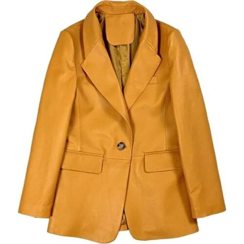 Spring Autumn Real Sheepskin Genuine Leather Suits Coat Yelloe Womens Outerwear Korean Suit Ladies Overcoat Gothic Coats Clothes