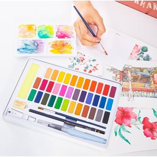 High Quality Portable Travel Solid Pigment Watercolor Paints Set with Watercolor Brush Pen for Painting Art Supplies