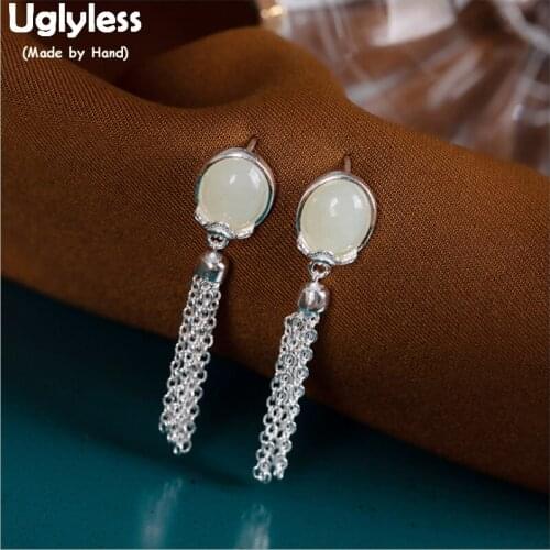 Uglyless Natural Jade Agate Lotus Earrings for Women Real 925 Silver Chains Tassel Brincos Ethnic Gemstones Fine Jewelry E1422