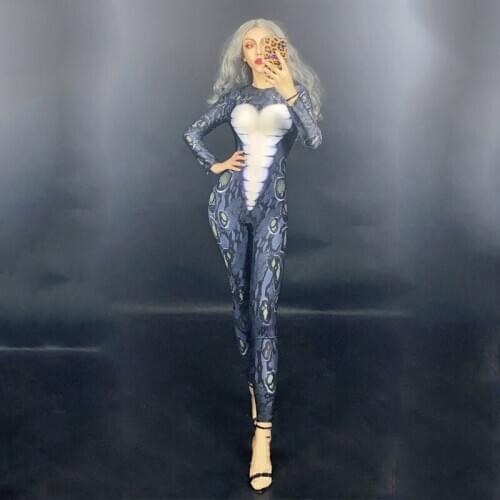 Female Model Catwalk Stage Jumpsuit Nightclub Python Print Bodysuit Gogo Dancer Jazz/Pole Dance Clothes Rave Outfit DQL4064