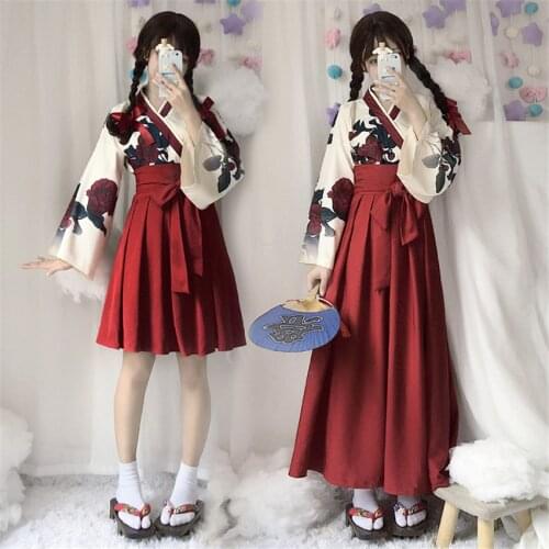Girls Japanese Retro Kimono Floral Long Sleeve Woman Party Skirts Tops Outfits Bow Skirts Haori Stage Costume for Female