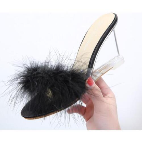 3 Color Female Slipper 35-40 Women Shoes Slides Ultra-high-heeled 8.5cm Feather Wedges Crystal Transparent Wedding Shoes