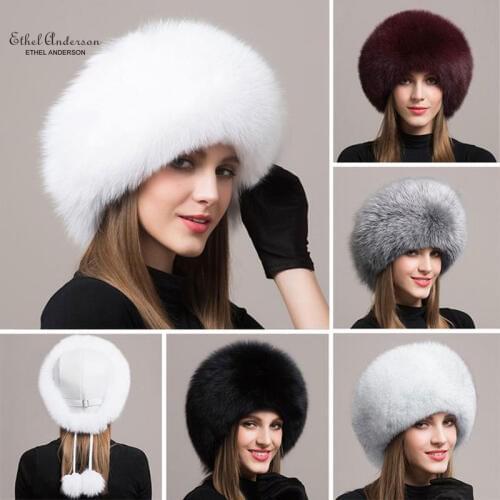 ETHEL ANDERSON 100% Real Genuine Fox Fur Hat Cap Headwear Womens Low Rise Bomber Women Comfort Sheepskin Leather Colors