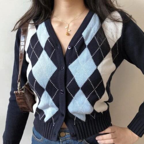 Deeptown Vintage V-Neck Plaid Long Sleeve Women Sweater Autumn Winter Short Knitted Cardigan Sweaters Womes England Style Tops