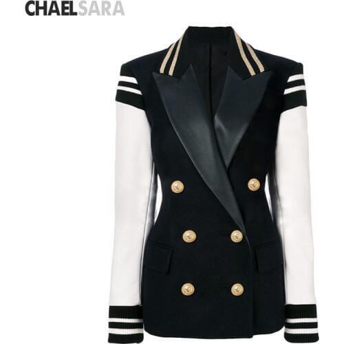 2019 Newest Fashion Runway Designer Blazer Womens Leather Patchwork Double Breasted Blazer Classic Varsity Jacket