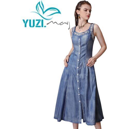 Summer Dress 2019 Yuzi.may Boho New Denim Women Dresses Square Collar Sleeveless Single Breasted Female Vestidos A82172 Vestido