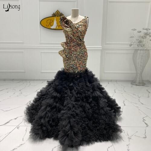 Luxury Crystal Sequins Prom Dresses Mermaid 2021 New Arabic Evening Dress Long Ruffled Tulle платье vestidos formales Custom