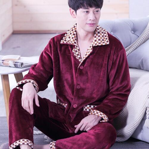 H5755 Winter Thickened Pajamas Men Plus Velvet Flannel Long Sleeve Nightwear Set Male Coral Velvet Warm Casual Household Clothes