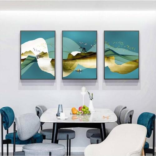Abstract Lake Mountain Boat Landscape Wall Art Canvas Painting Minimalist Nordic Poster Print Picture for Living Room Home Décor