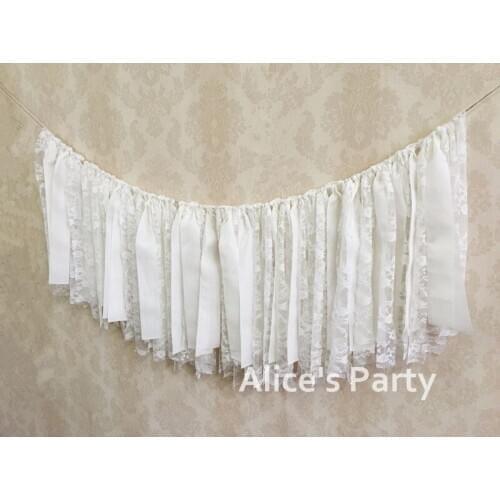 Custom white lace rag banner hot rose romantic bunting beach wedding party garland bridal shower favors engagement photo props