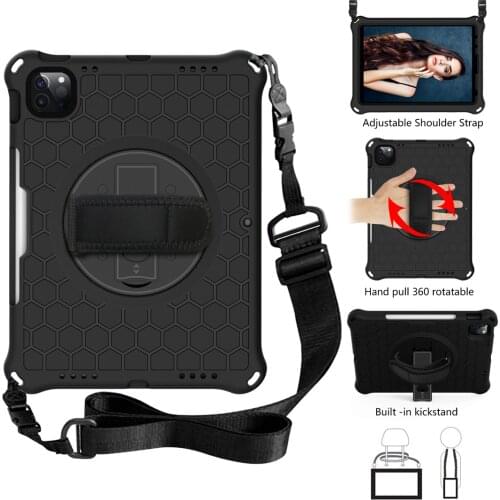 For Tablet iPad Pro 11 2021 1th/2nd/3rd Gen /iPad air 4 10.9 PC + Silicone hard Cover w/360 Swivel Stand holder, Hand+Neck Strap