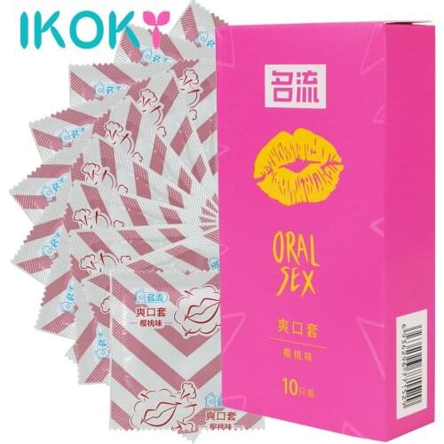 IKOKY 10pcs/box Penis Sleeve Oral Sex Condom Cherry Flavor Natural Latex Condoms Safe Contraception Sex Toys for Men Blowjob