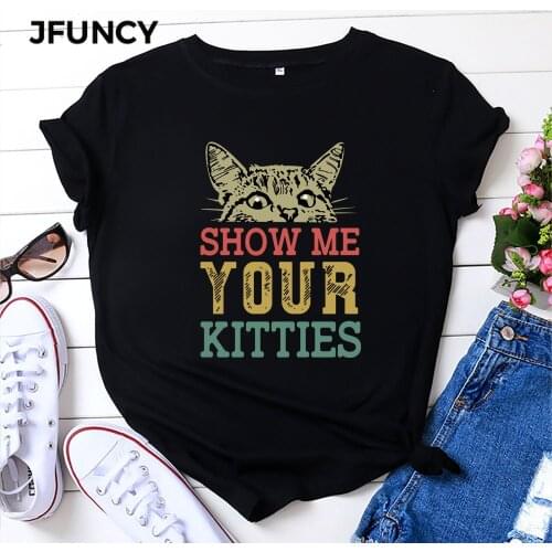 JFUNCY Plus Size Women Tops Cotton T-shirt Summer Short Sleeve Oversize Tshirt Kitties Print Casual Loose Female Tee Shirts