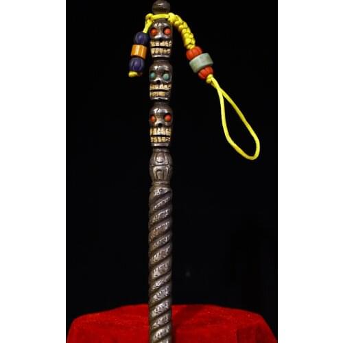 11"Tibet Temple Collection Old Tiantie Tracing mosaic Gem Skull head Dorje Vajra Phurpa Town House Exorcism