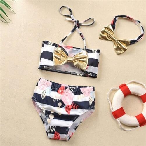 Summer Childrens Baby Girl Bikini Swimsuit Set Striped Print Bowknot Childrens Swimsuit Three-piece Baby Girl Swimsuit
