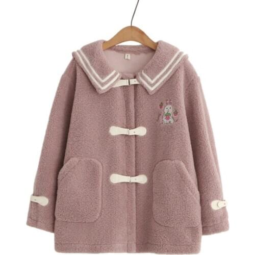 Cartoon Embroidery Cute Wool Coats Women 2020 Winter Long Sleeve Turndown Collar Sweet Style Warm Outwear For Teenage Girls