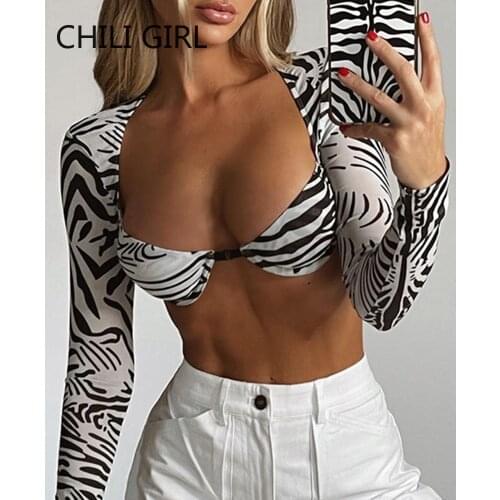 CHILI GIRL Fashion Zebra Print Mesh See Through Long Sleeve Cropped Tops Summer 2021 Women Tees Slim Sexy T-Shirts Clothes