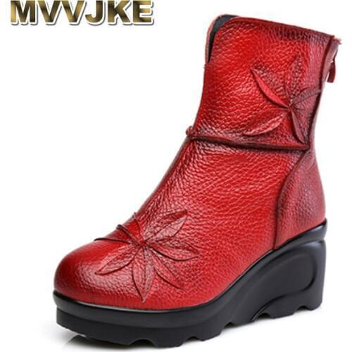 MVVJKE Folk Style Thick Warm Soled Red Boots 2020 Winter Women Genuine Leather Platform Boots Mother Casual Retro Flower Shoes