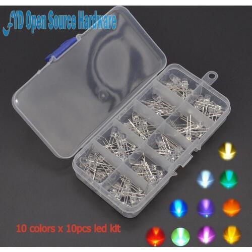 With case (10 colors x 10pcs) 5mm LED Diode 3V 5 mm Assorted Kit Warm White Green Red Blue UV Ultra Bright DIY Light Emitting