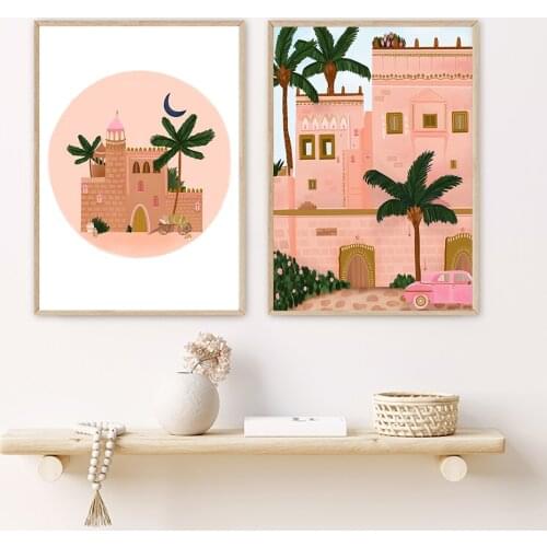 Pink lotus door moroccan wall art canvas poster moon print nordic decoration picture painting modern mosque decoration