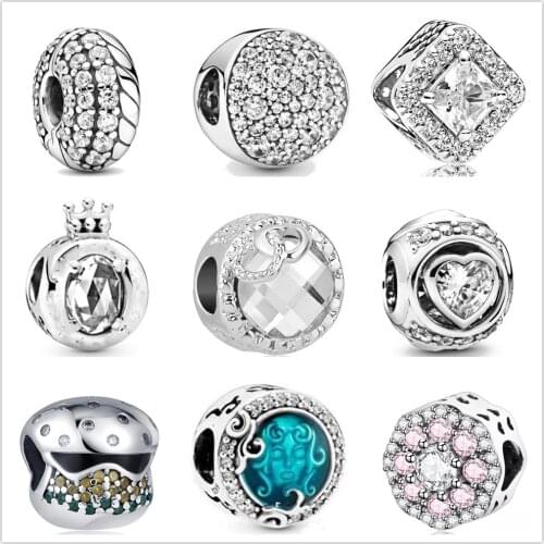 925 Charm Shiny Round Zircon Set Beads fit DIY Jewelry Original Pandora Charm Silver 925 Bracelet