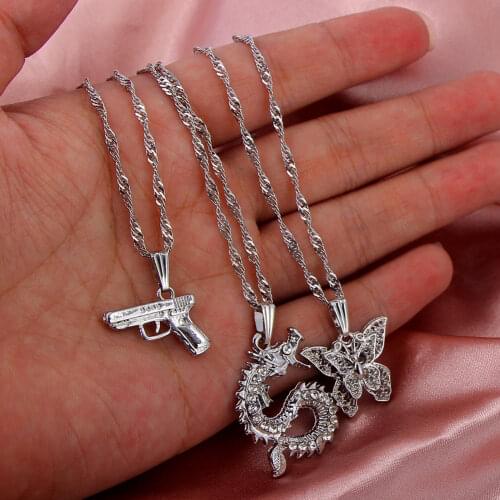 JUST FEEL New Fashion Silver Color Crystal Dragon Pendant Necklace for Women Multilayer Butterfly Pistol Choker Necklace Jewelry