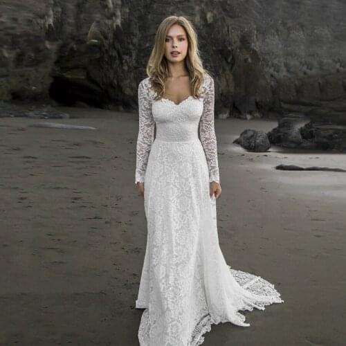 Simple V-neck Lace Wedding Dress Long Sleeve Backless A-line Bridal Gowns For Bride robe de mariee 2020