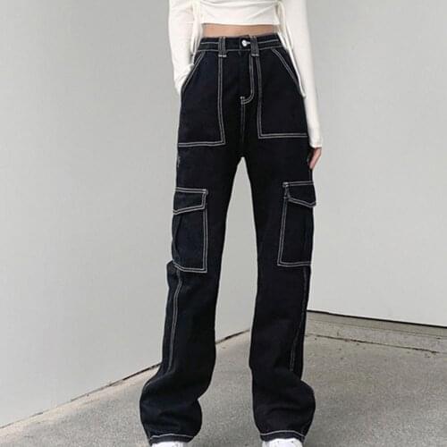 Dropshipping!!Winter New High Waist Multi Pockets Women Jeans Straight Wide Leg Patchwork Denim Trousers