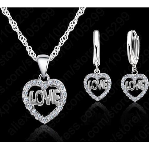 Christmas Gift!!! Fashion Austrian Crystal Set Women Heart Shape Pendant Necklace Women 925 Sterling Silver Jewelry Set