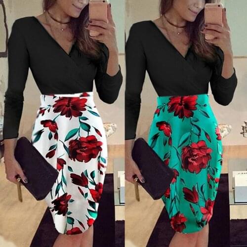 Sexy Midi Party Dress With High Waist Sukienka Elegant Floral Print Temperament Slim Dress Women Deep V Neck Pencil Dress Formal