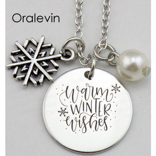 WARM WINTER WISHES Inspirational Hand Stamped Engraved Custom Pendant Female Chain Necklace Charm Jewelry,10Pcs/Lot, #LN1761