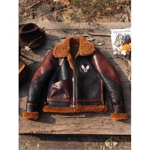 YR!Free shipping.quality Japan classic B3 fur jacket.fashion men genuine leather coat.winter thick shearling clothes.super