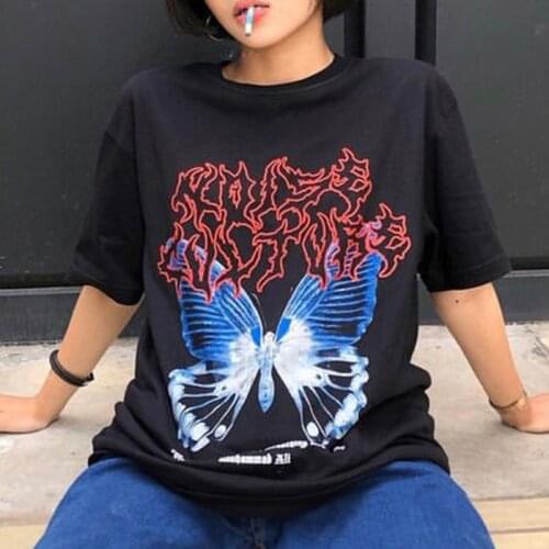 Womens t-shirt 2021 abstract letter butterfly print black short sleeve vintage short-sleeved T-shirt female gothic Harajuku y2k