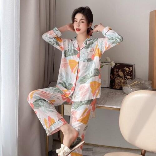 Womens Pajamas Spring Autumn Ice Silk Sleepwear Thin Long-Sleeve Trousers Printed Lapel Cardigan Loose Casual Females Homewear