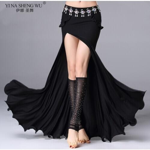 Women Belly Dance Skirt Solid Color Oriental Dance Suit High Cut India Bollywood Unilateral Split BellyDance Long Skirt M,L,XL