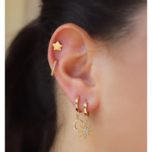 925 Sterling Silver Asymmetry delicate shiny moon star snowflake AAA CZ earrings for cute girl women fashion Christmas jewelry