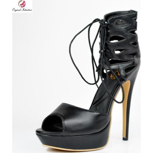 Original Intention Women Sandals Elegant Cut Outs Open Toe Thin Heels Sandals High-quality Black Shoes Woman Plus US Size 4-15