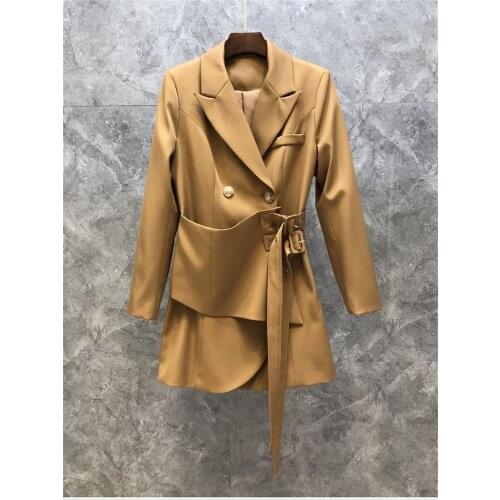 High Quality Blazers 2021 Autumn Winter Blazer Coat Women Notched Collar Waist Band Patchwork Long Sleeve Khaki Black Blazers