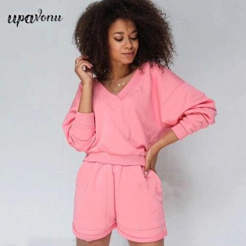 Free Shipping Casual Shorts Set 2021 Summer Womens Long Sleeve Loose Pullover Short Sweater & Shorts Solid Color Two-piece Set