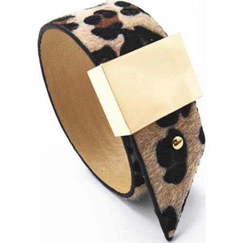 Geometric Girl Trendy Gold Color Metal Fashion Leopard Print Wide Leather Bracelets Women Vintage Bangle Female Wedding Jewelry