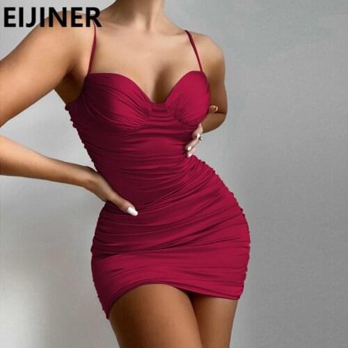 XS Low Cut Backless Sexy Sling Bodycon Dress Womens Summer Fashion Red Stretch Mid Waist Pleated Party Club Pencil Mini Dress
