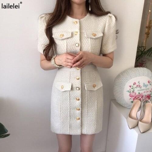 Tweed Button Dress Mini Off White Bodycon Vintage Dresses For Women Party Fall Vestido Verao 2021 Korean Vestidos Cortos Elegant