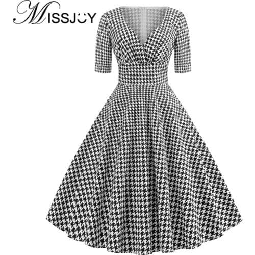 MISSJOY Vintage Women Dresses Printed Office Work A-Line High Waist 2019 Autumn Knee-Length Casual Party Printed V-Neck Female