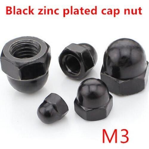 100pcs/lot M3 Cap Nuts DIN1587 Black Steel Zinc Coated Acorn Nuts Metric Fastener