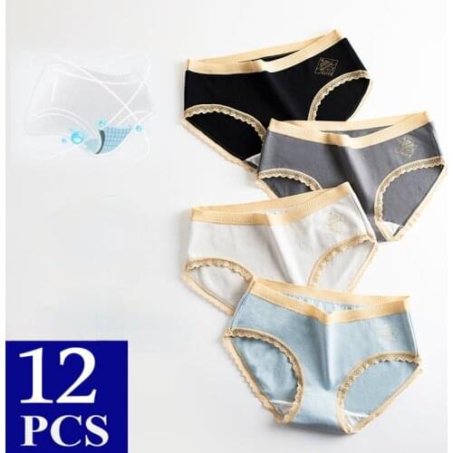 12pcs Women Underwear 2021 Cotton Antibacterial Buttocks Panties Briefs Lingerie Femme Mid Rise Girl Underpants Lace Sexy Panty