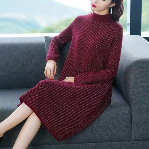 2021 New Autumn Women Half Turtleneck Long Wool Sweater Casual Vintage Elegant Warm Knitted Sweater Dress Plus Size 6XL Y484