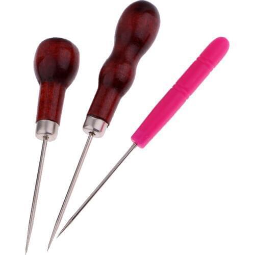 3 Pieces Leathercraft Stitching Sewing Awl Wood/Plastic Handle Punching Hole Tool Wooden Handle Comfortable