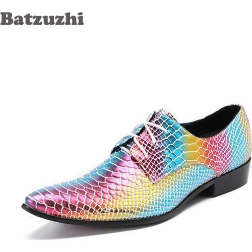 Batzuzhi 2018 New Men Shoes Luxury Handmade Colorful Mens Dress Shoes Leather Pointed Toe Lace-up Rock Party and Wedding Shoes
