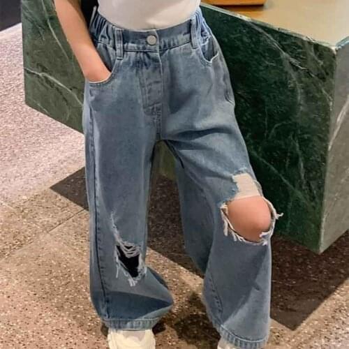 Girls Pants 2021 Spring and Summer New Personality Cool Cotton Children Korean Ripped Button Jeans Straight Pants