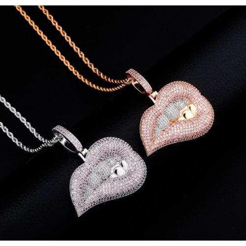 Bling Pink Lip Pendant Full Cubic Zirconia Necklace With Tennis Chain Hip Hop Fashion Jewelry For Men Women Gift